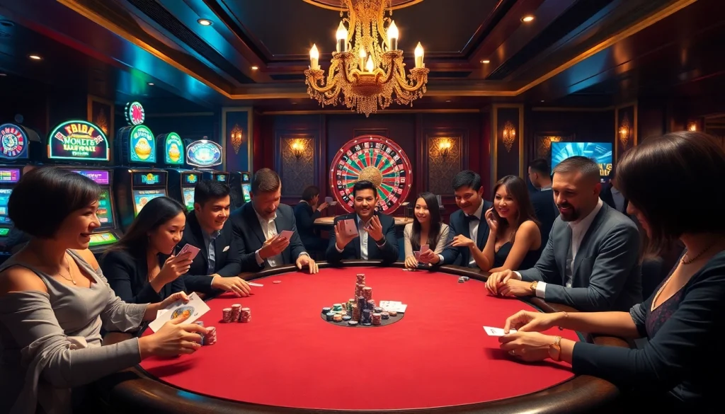 Experience thrilling gameplay at https:/nk88.us.com/ with stylish poker tables, chips, and slot machines.