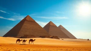 View of the stunning piraminds at Giza with camels in the desert.