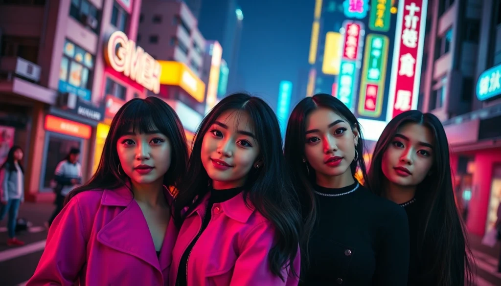 Blackpink members Jisoo, Jennie, Rosé, and Lisa posing in a vibrant urban setting.