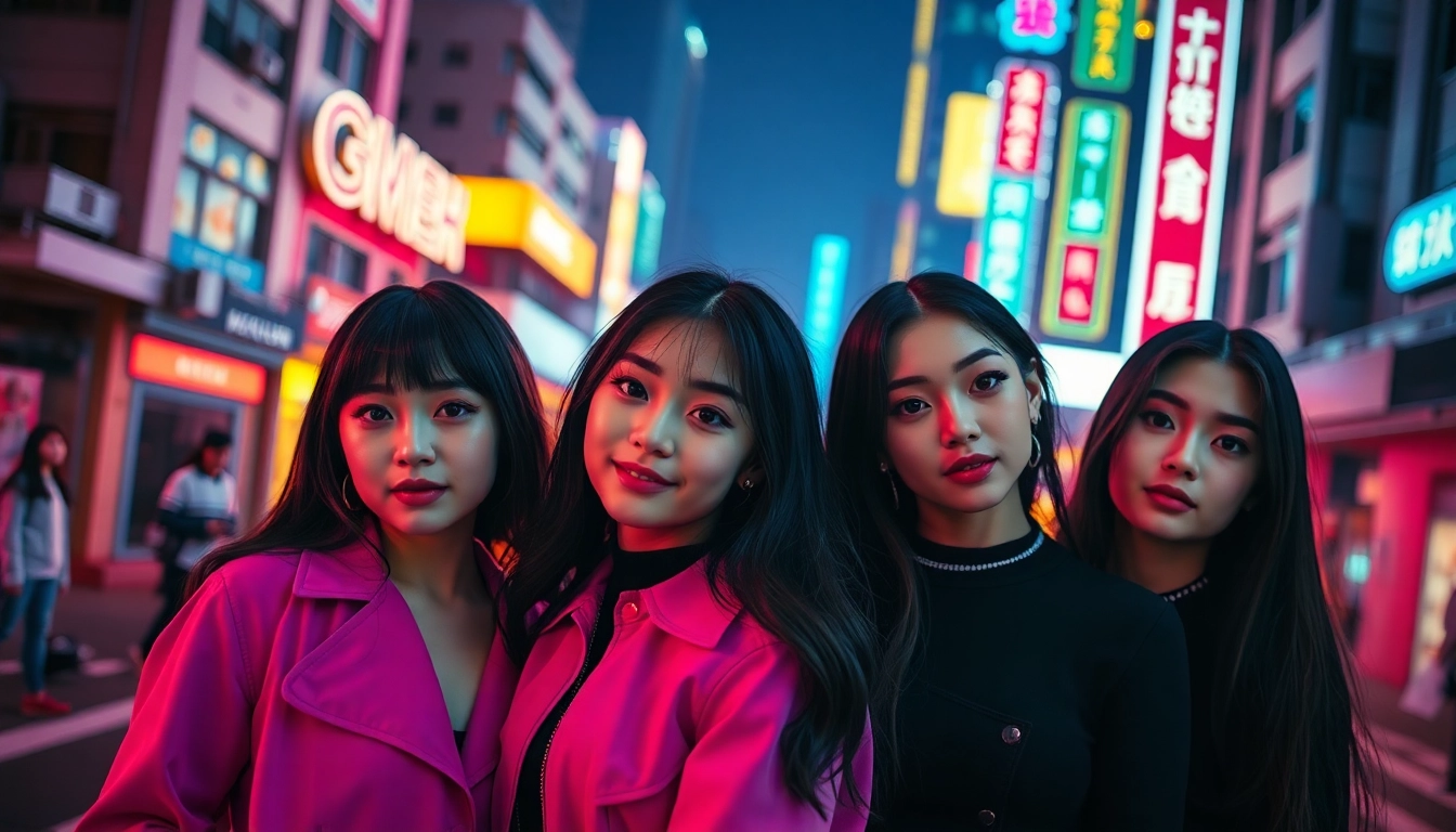 Blackpink members Jisoo, Jennie, Rosé, and Lisa posing in a vibrant urban setting.