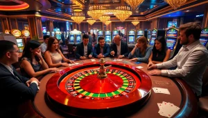 Excited players enjoying blackjack at an upscale casino, with vibrant OK FUN-themed decor and modern slot machines.