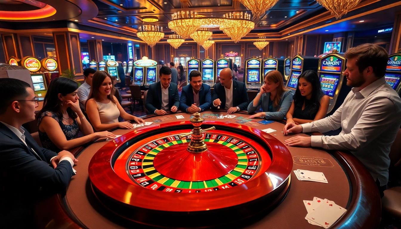 Excited players enjoying blackjack at an upscale casino, with vibrant OK FUN-themed decor and modern slot machines.