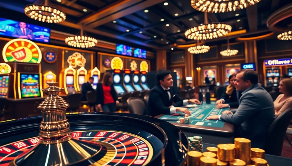 Players engaging in thrilling action at OK365 casino, surrounded by luxurious gaming tables and vibrant slot machines.