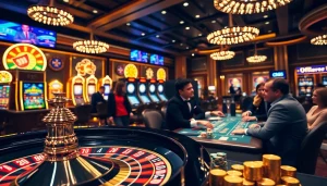 Players engaging in thrilling action at OK365 casino, surrounded by luxurious gaming tables and vibrant slot machines.