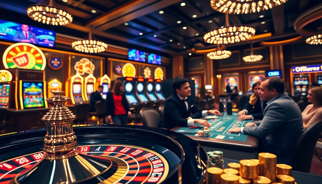 Players engaging in thrilling action at OK365 casino, surrounded by luxurious gaming tables and vibrant slot machines.