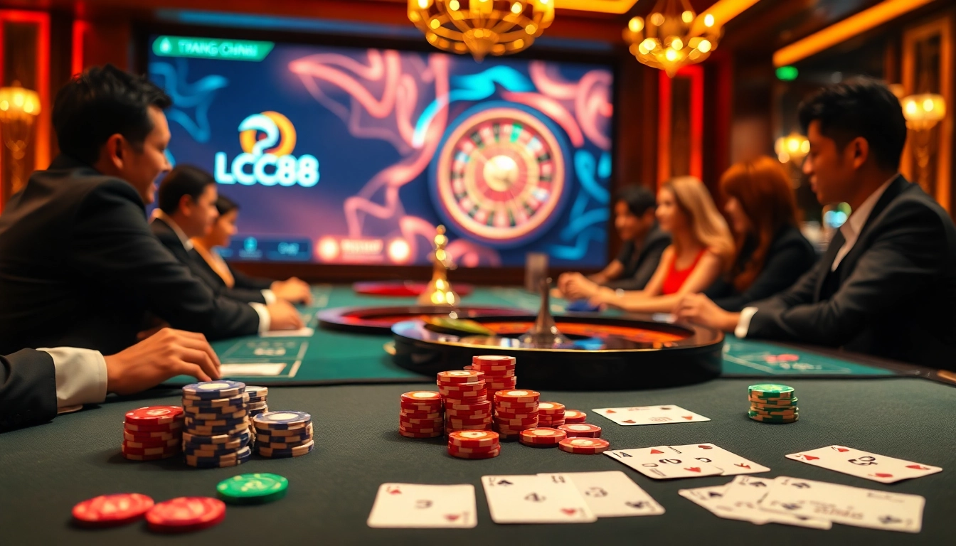 Experience the thrill of gambling on Trang Chủ LC88 with exciting casino tables and spinning roulette wheels.