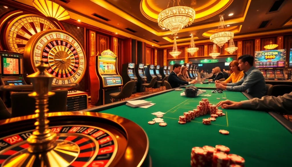 Players enjoy high-stakes games at the VT 88 casino, with slot machines and a roulette wheel.