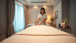 출장마사지 service setup in a relaxing hotel room, featuring a massage table, candles, and oils.