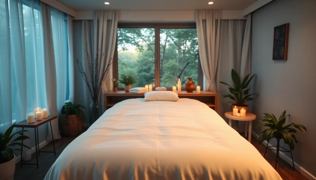 촛불과 부드러운 침구로 편안한 분위기의 이동식 출장마사지 설치.