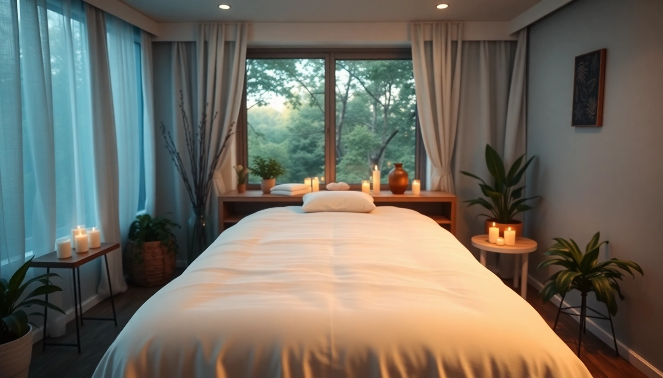 촛불과 부드러운 침구로 편안한 분위기의 이동식 출장마사지 설치.