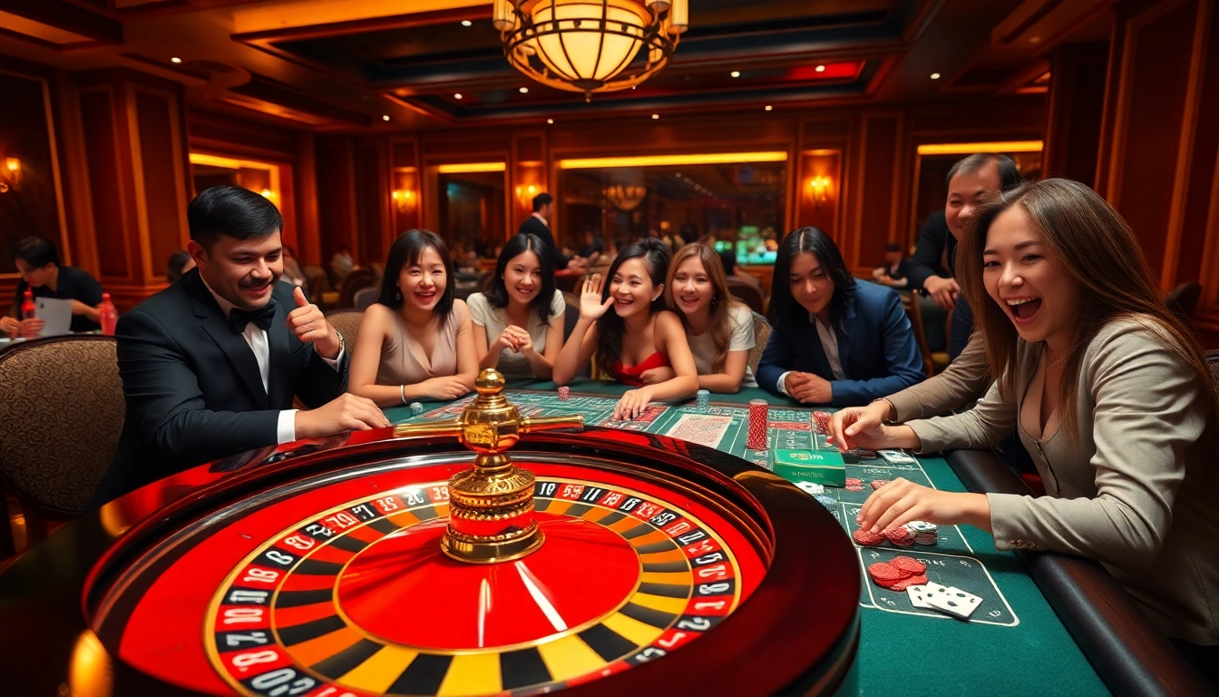 98WIN casino scene featuring poker tables, roulette wheels, and vibrant gaming action.