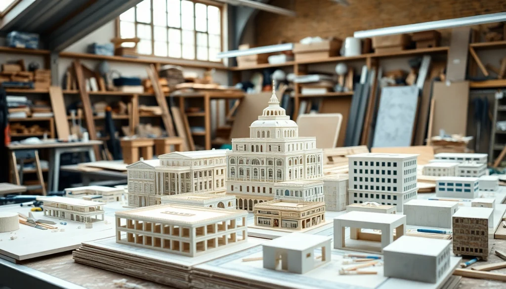 Modellbau von architekturmodellbau Wiesbaden in einem hellen Werkstattambiente mit präzisen Miniaturmodellen.