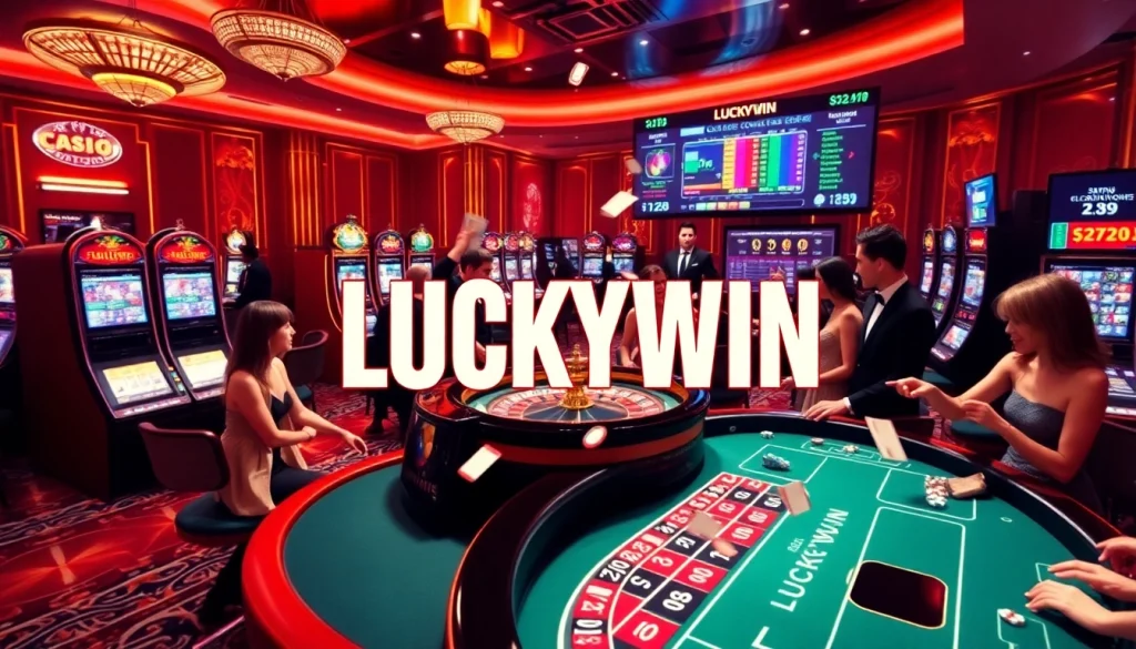 Engaging scene of casino gameplay showcasing LUCKYWIN, vibrant tables, and dynamic players.