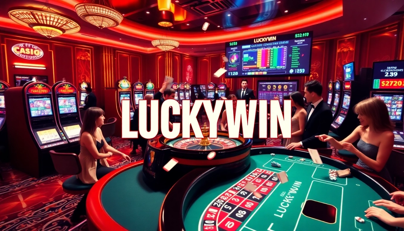 Engaging scene of casino gameplay showcasing LUCKYWIN, vibrant tables, and dynamic players.