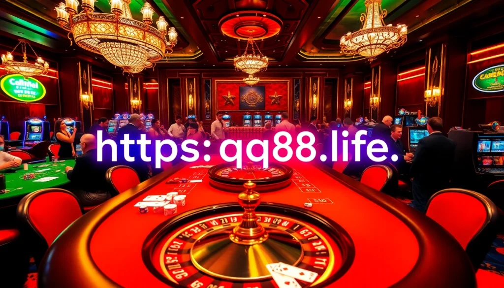 Gambling scene at a luxurious casino featuring excitement and thrill at https://qq88.life/ poker tables.