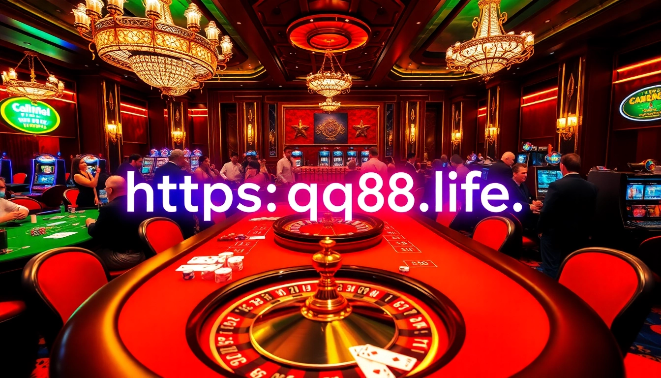 Gambling scene at a luxurious casino featuring excitement and thrill at https://qq88.life/ poker tables.