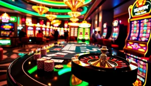 KUWIN casino scene with vibrant poker chips, cards, and a roulette wheel, embodying excitement.