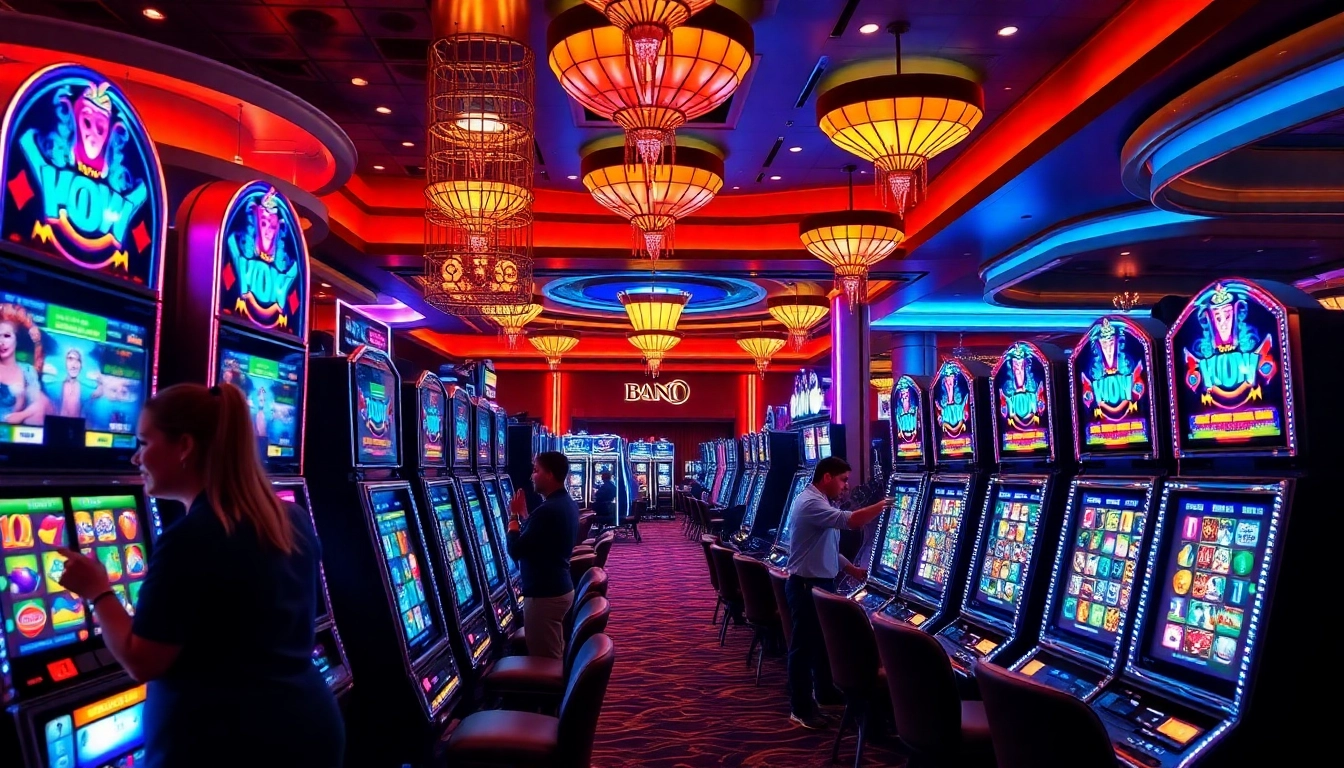 Pemain yang antusias bermain mesin slot Depo 1K dalam suasana kasino yang semarak.