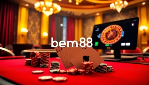 Experience high-stakes action at bem88 casino with vibrant poker chips and roulette wheel.