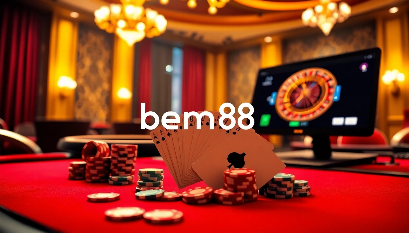 Experience high-stakes action at bem88 casino with vibrant poker chips and roulette wheel.