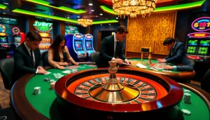 i9bet players engaging in an exciting game of roulette with colorful chips and vibrant lighting