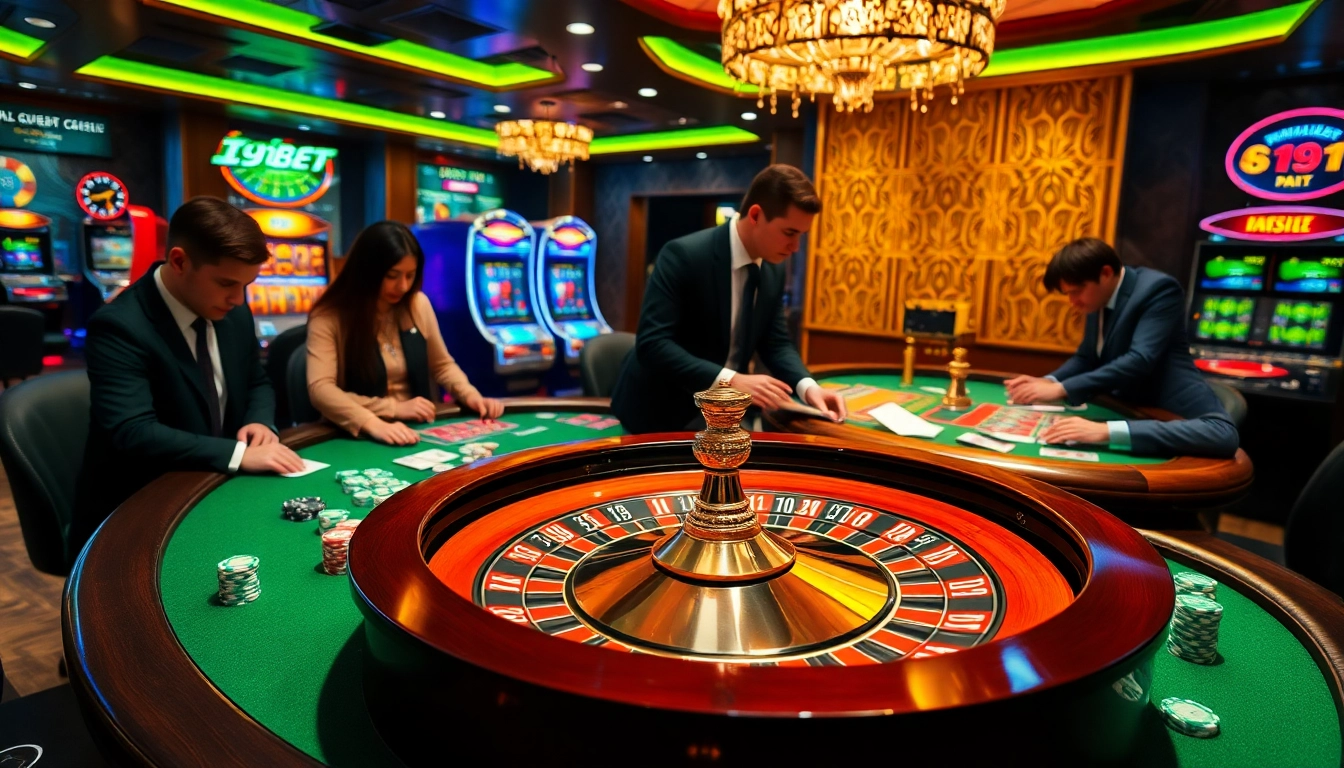 i9bet players engaging in an exciting game of roulette with colorful chips and vibrant lighting