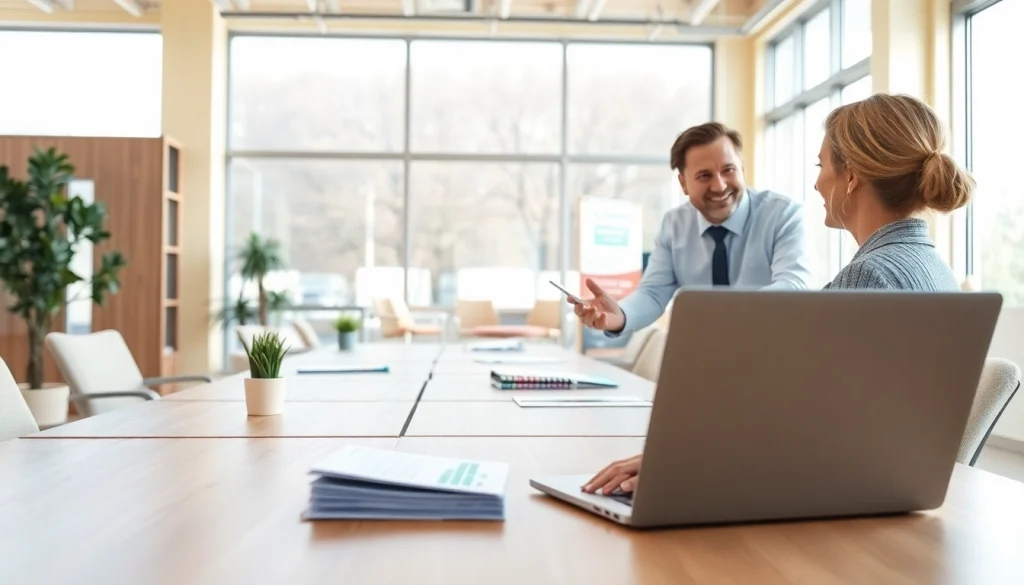 Engaging scene of an extended warranty company advisor explaining options to a customer in a warm office environment.