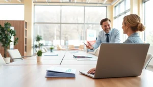 Engaging scene of an extended warranty company advisor explaining options to a customer in a warm office environment.