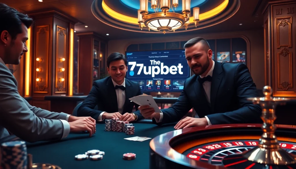 Engaging gamblers at a luxurious poker table with 7upbet branding, showcasing the excitement of casino games.