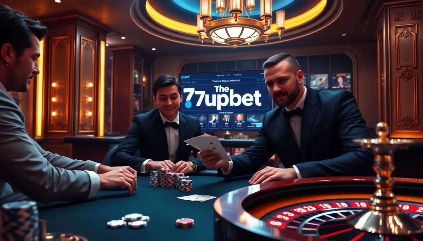 Engaging gamblers at a luxurious poker table with 7upbet branding, showcasing the excitement of casino games.