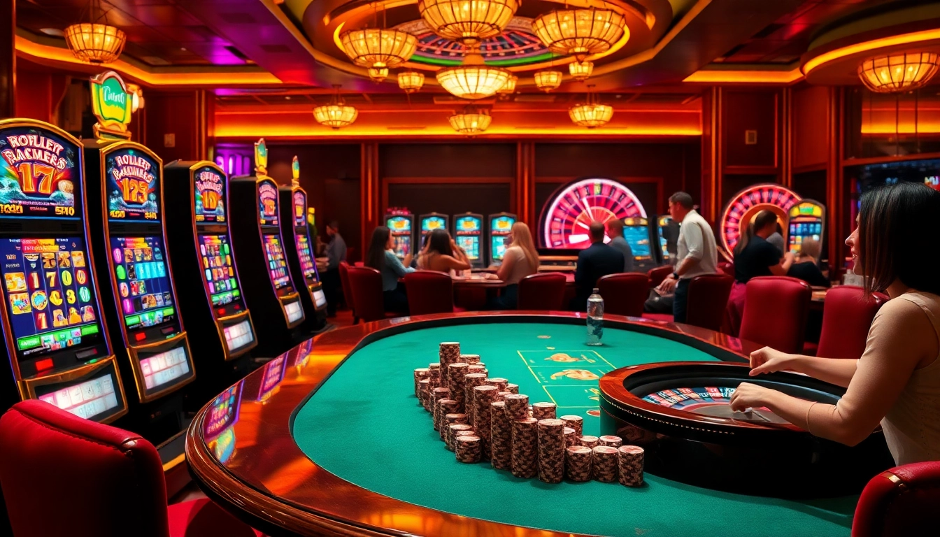 Players enjoy slot depo 5rb with excitement at a luxurious casino slot machine.