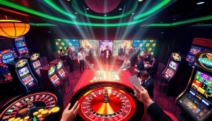 A thrilling casino scene showcasing BK8Thai with players enjoying roulette, poker, and slots.