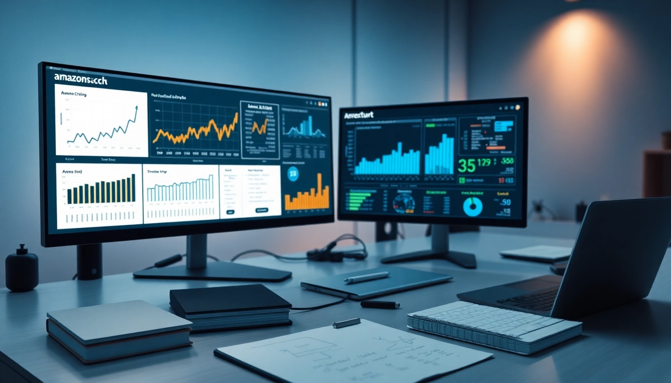 Infosec analytics dashboards and Amazon price tracking charts in a modern workspace.