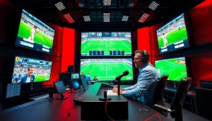 Engaging sports broadcasting studio showcasing live commentary and vibrant visuals.