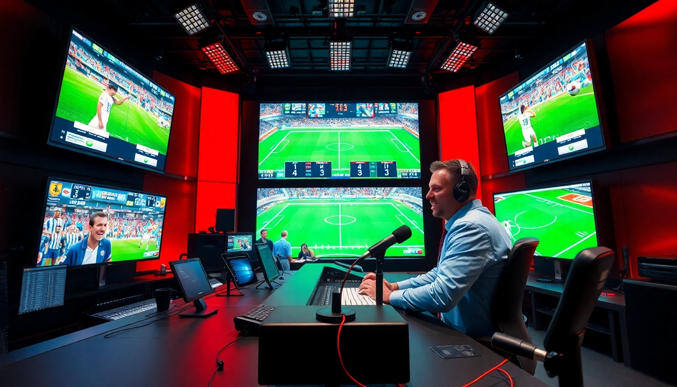 Engaging sports broadcasting studio showcasing live commentary and vibrant visuals.