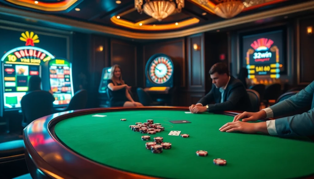 Experience high-stakes poker at 32win's luxury casino, showcasing vibrant tables and exciting gameplay.