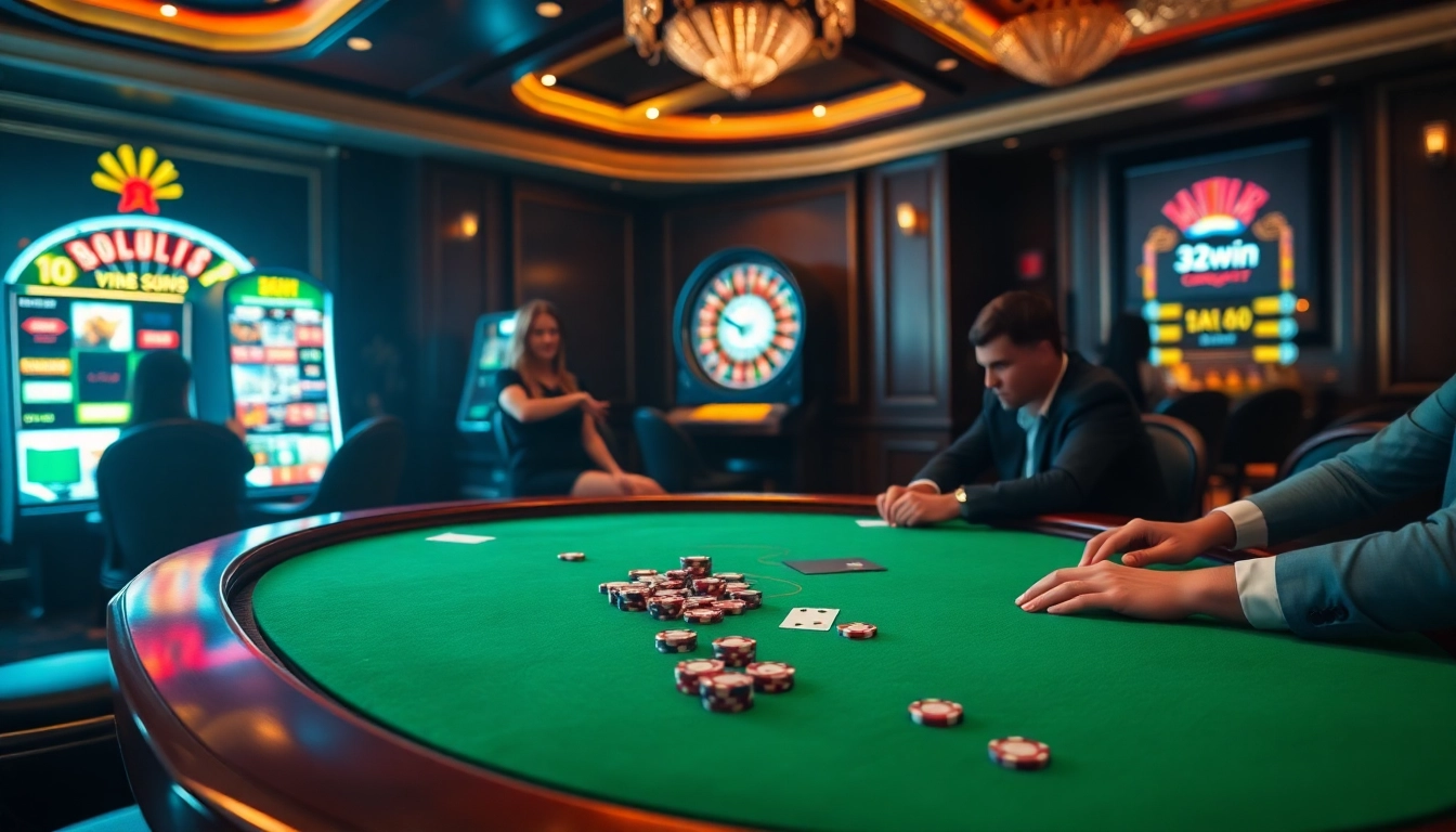 Experience high-stakes poker at 32win's luxury casino, showcasing vibrant tables and exciting gameplay.