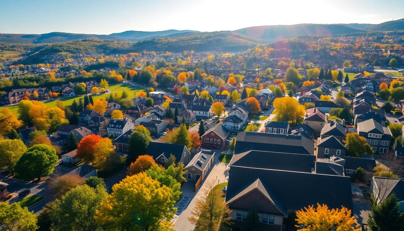 Experience Clarksburg's vibrant neighborhoods and lush parks in a warm, inviting aerial view.