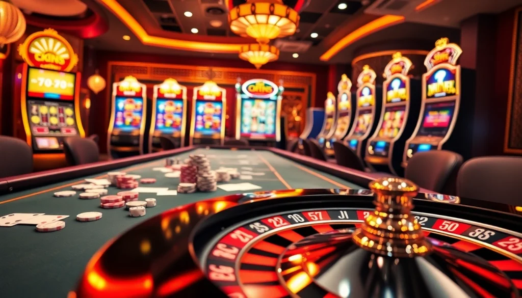 Experience high-stakes excitement at BK8TH's vibrant casino scene with poker chips and roulette wheels.