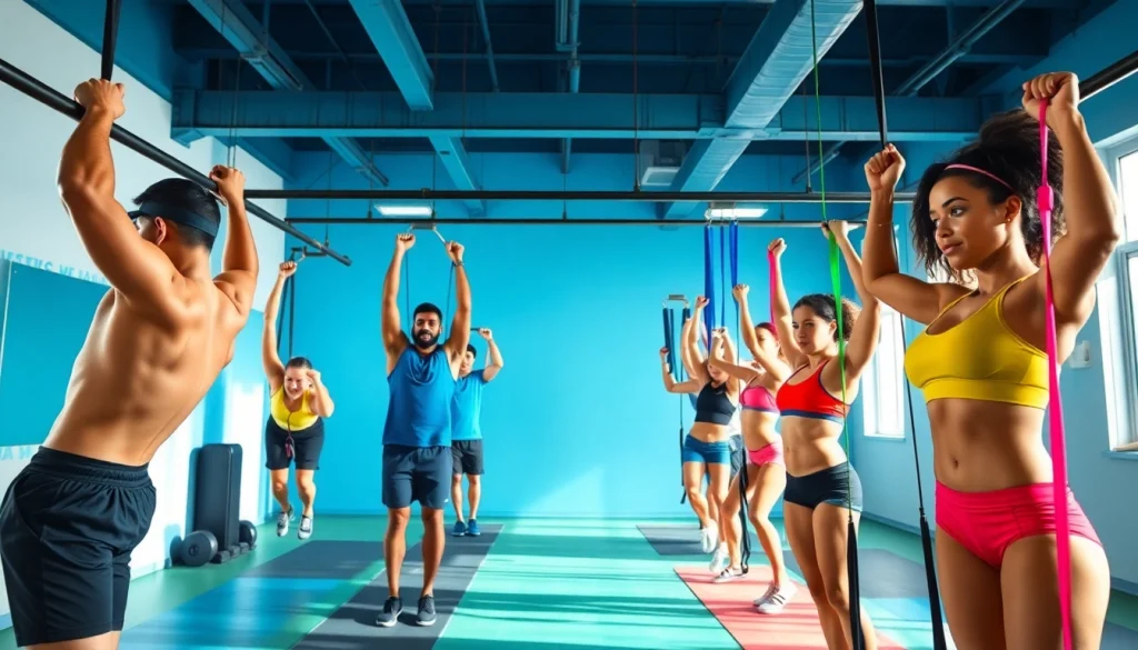 Group of individuals using resistance bands for pull-ups in a vibrant gym setting