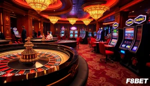 Exciting casino scene highlighting F8BET players engaged in roulette and poker games.