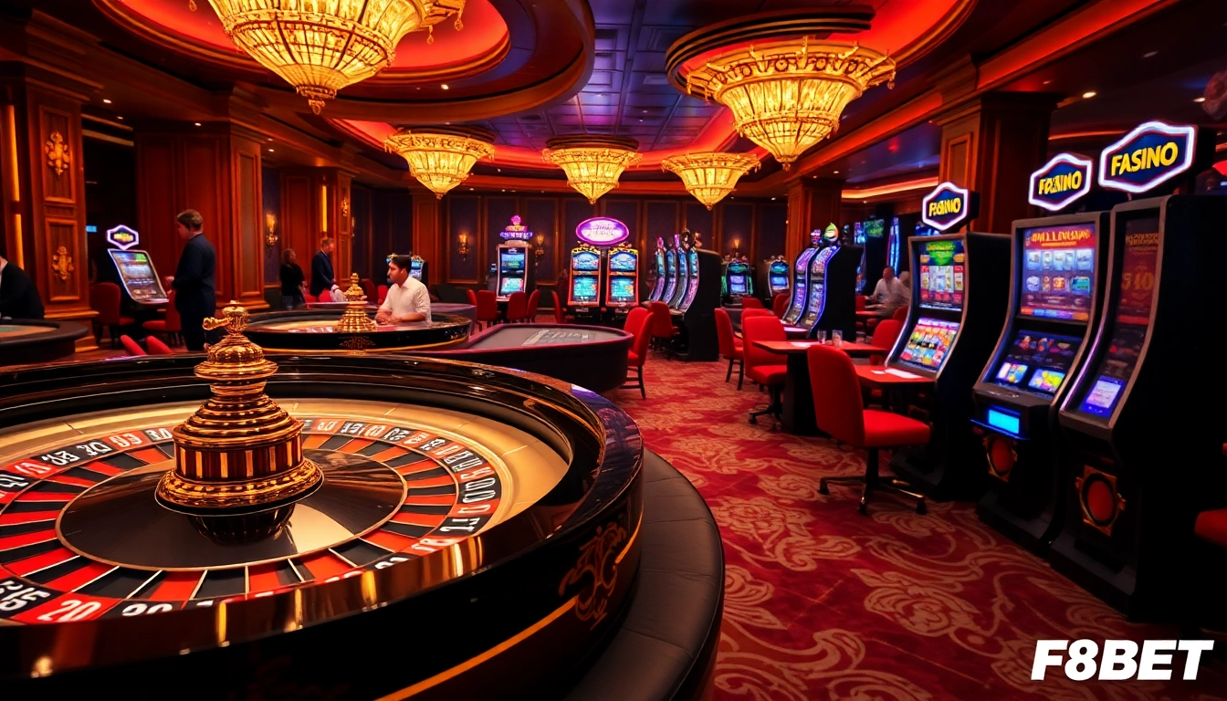 Exciting casino scene highlighting F8BET players engaged in roulette and poker games.