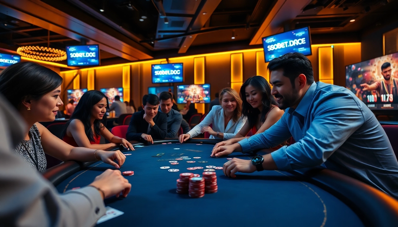SboBet.dance live casino scene with players enjoying a thrilling poker game in a vibrant setting.