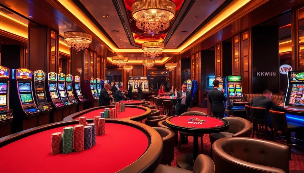 Experience KKWIN VIN with vibrant casino visuals showcasing poker chips and slot machines.