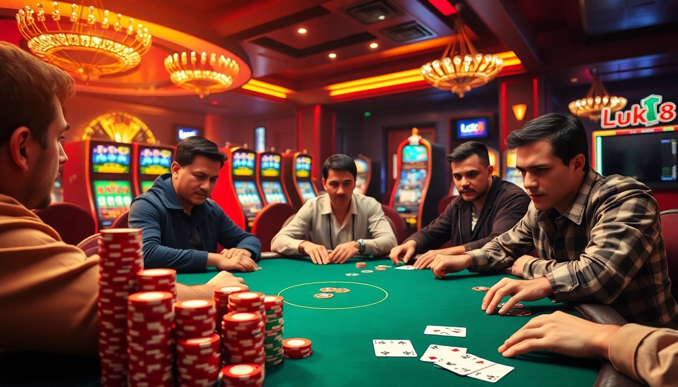 Experience high-stakes poker excitement with luck8 in a luxurious casino setting.