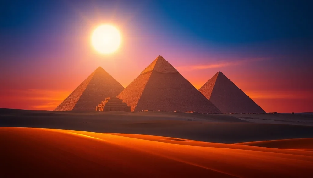 Experience the stunning piraminds of Giza illuminated at sunset, showcasing their historical grandeur.