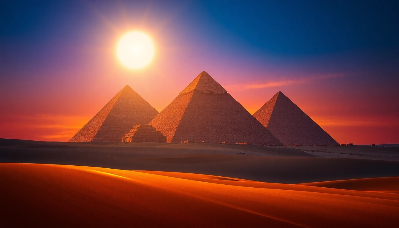 Experience the stunning piraminds of Giza illuminated at sunset, showcasing their historical grandeur.