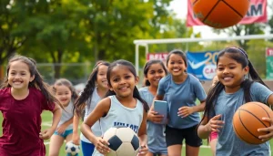 Girls actively participating in various sports at Multi Sports Camps for Girls, showcasing teamwork and enthusiasm.