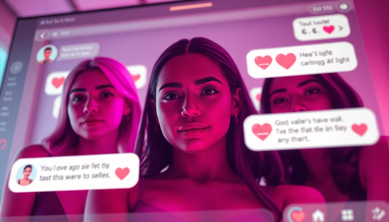 Interactive NSFW character AI chat interface showcasing diverse avatars and playful messaging.