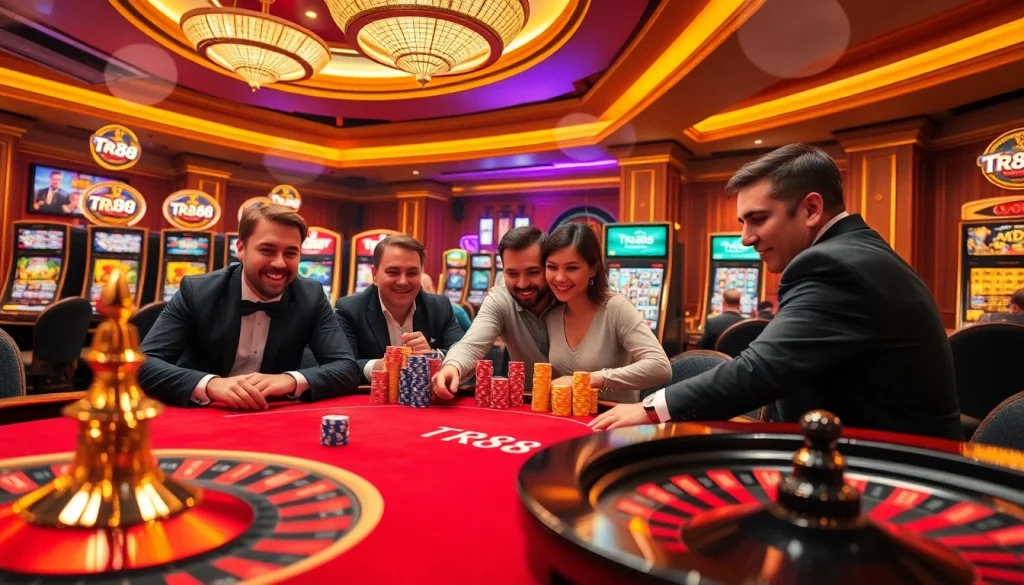 Players placing bets at a dynamic TR88-themed poker table in a luxurious casino setting.